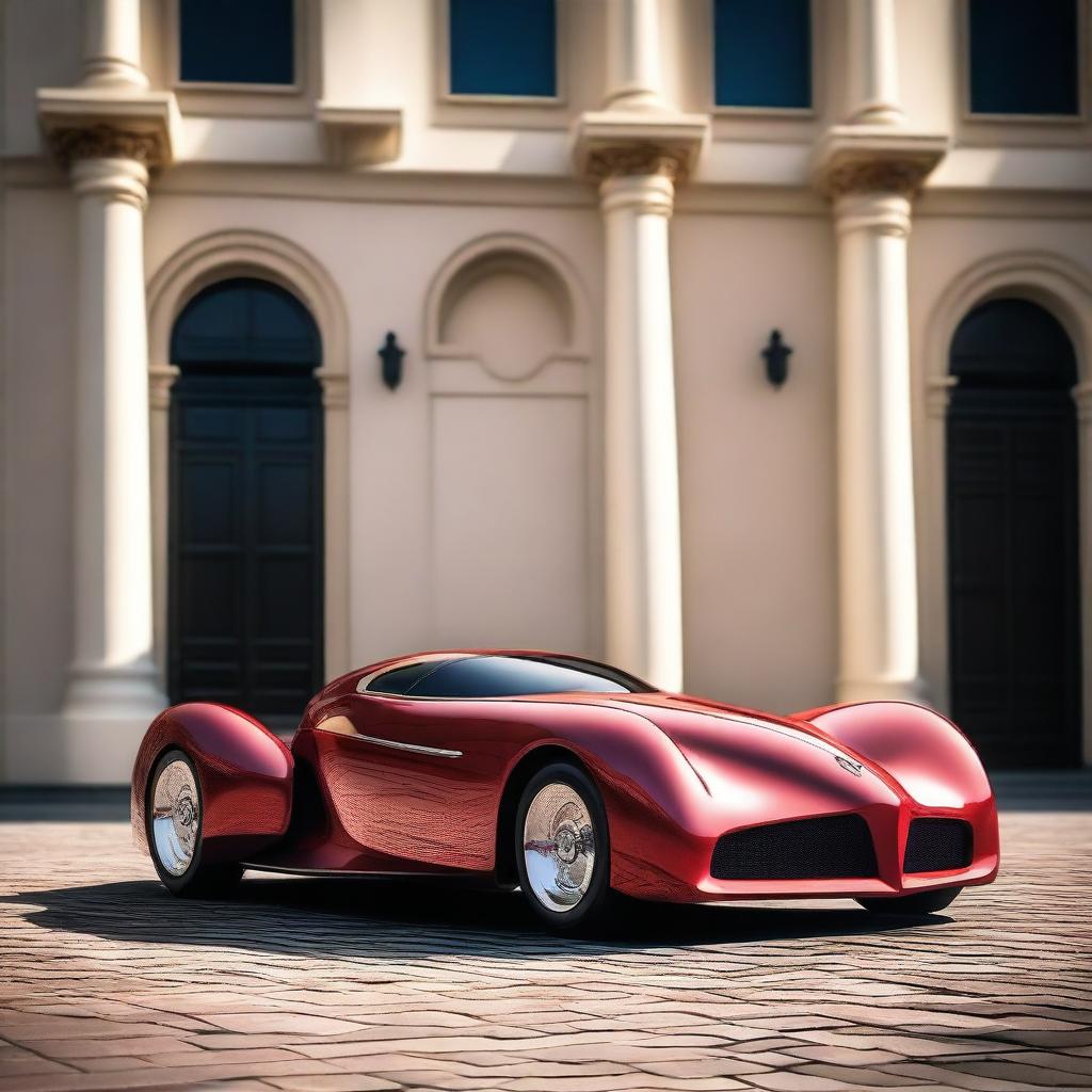 A stunning hybrid car combining the classic elegance of a 1939 cherry red Chevy with the futuristic design of the Devel Sixteen