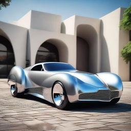 Create an image of a unique car that combines the classic design elements of a 1939 Chevy with the futuristic and aggressive styling of the Devel Sixteen