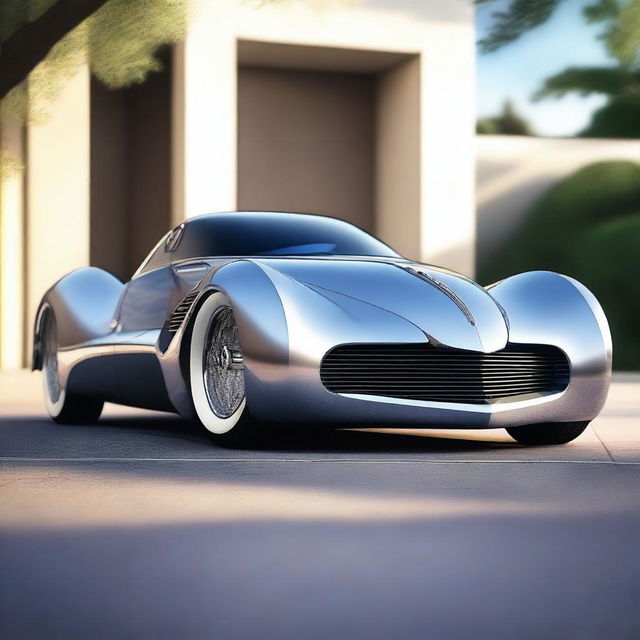 Create an image of a unique car that combines the classic design elements of a 1939 Chevy with the futuristic and aggressive styling of the Devel Sixteen