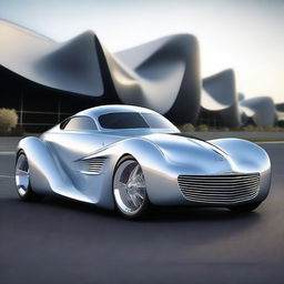 Create an image of a unique car that combines the classic design elements of a 1939 Chevy with the futuristic and aggressive styling of the Devel Sixteen