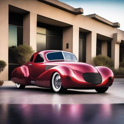 A stunning image of a 1939 cherry red Chevy seamlessly combined with the futuristic design elements of a Devel Sixteen