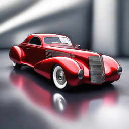 A stunning image of a 1939 cherry red Chevy seamlessly combined with the futuristic design elements of a Devel Sixteen