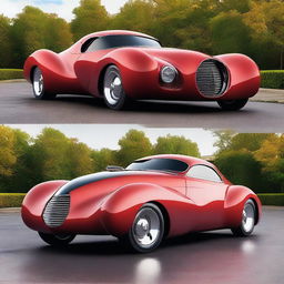 A stunning image of a 1939 cherry red Chevy seamlessly combined with the futuristic design elements of a Devel Sixteen