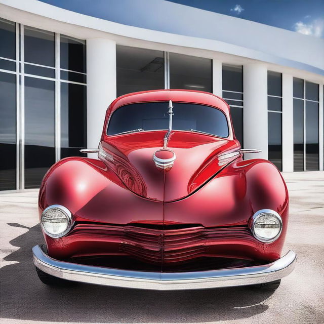 A stunning image of a 1939 cherry red Chevy seamlessly combined with the futuristic design elements of a Devel Sixteen