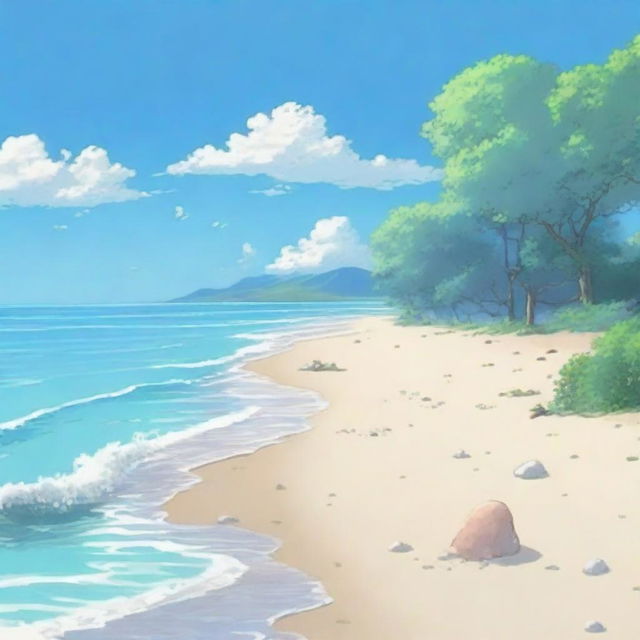 A beautiful ocean shore depicted in anime style