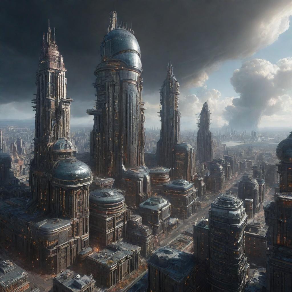 An expansive city conceptualized in a Jupiterpunk style, with colossal, gaseous-aura buildings, orbiting infrastructures, iconic swirling storm designs and extreme weather elements