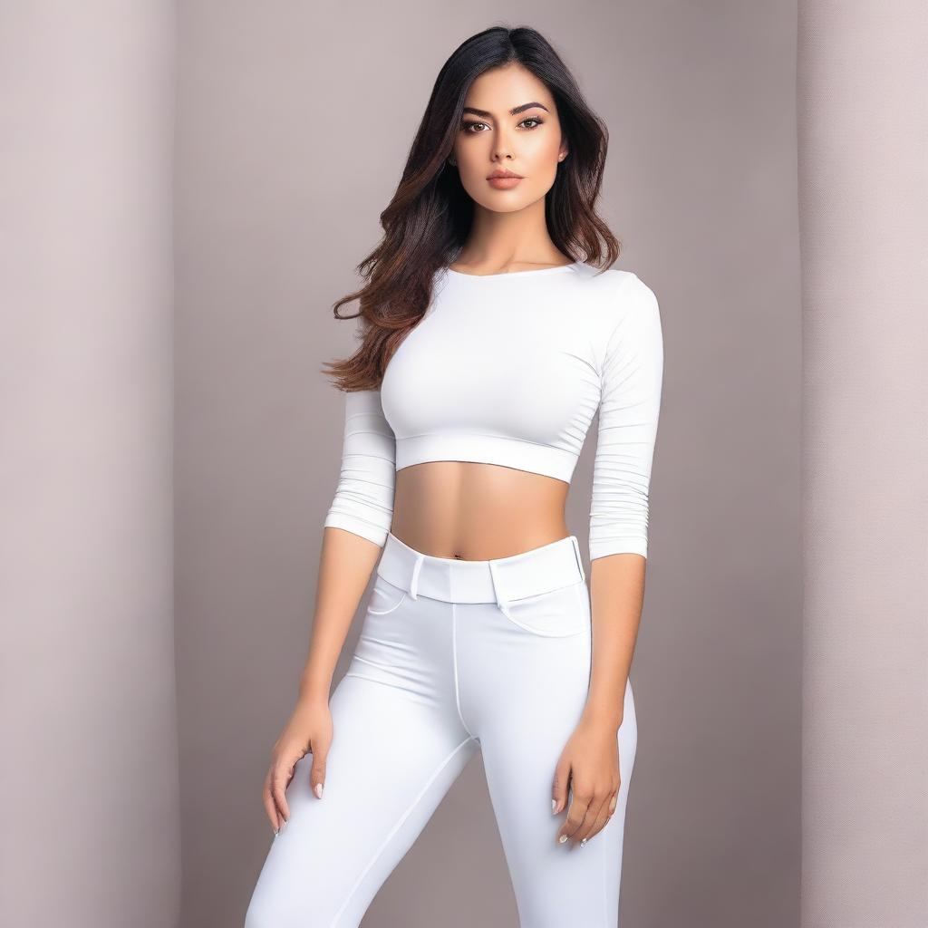 A beautiful woman wearing white leggings, posing confidently