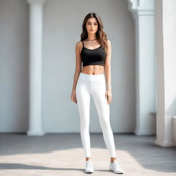 A beautiful woman wearing white leggings, posing confidently