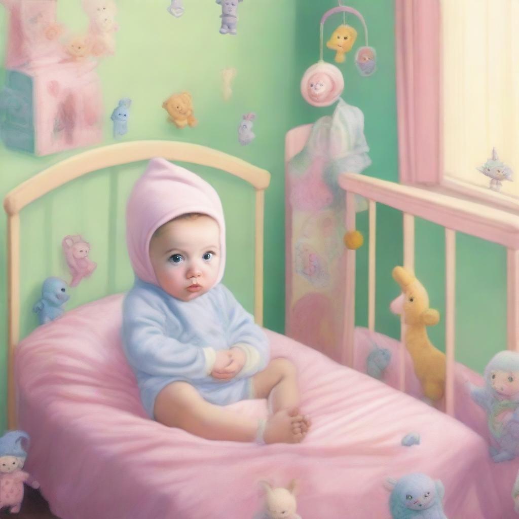 For the cover art, envision a young adult male dressed in oversized baby clothes, sitting in a crib with an expression of confusion, fear, and submission, reflecting his psychological transformation