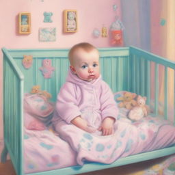 For the cover art, envision a young adult male dressed in oversized baby clothes, sitting in a crib with an expression of confusion, fear, and submission, reflecting his psychological transformation