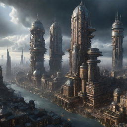 An expansive city conceptualized in a Jupiterpunk style, with colossal, gaseous-aura buildings, orbiting infrastructures, iconic swirling storm designs and extreme weather elements