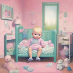 For the cover art, envision a young adult male dressed in oversized baby clothes, sitting in a crib with an expression of confusion, fear, and submission, reflecting his psychological transformation