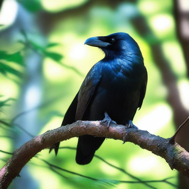 A majestic raven perched on a branch in a dense forest