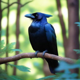 A majestic raven perched on a branch in a dense forest