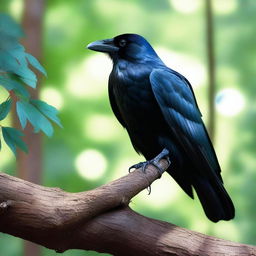 A majestic raven perched on a branch in a dense forest