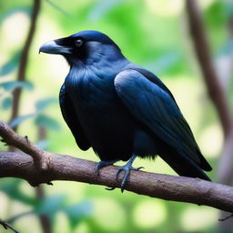 A majestic raven perched on a branch in a dense forest