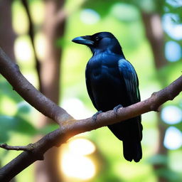 A majestic raven perched on a branch in a dense forest