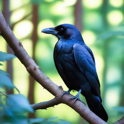 A majestic raven perched on a branch in a dense forest