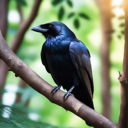 A majestic raven perched on a branch in a dense forest