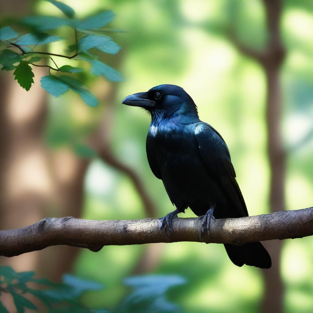 A majestic raven perched on a branch in a dense forest