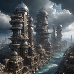 An expansive city conceptualized in a Jupiterpunk style, with colossal, gaseous-aura buildings, orbiting infrastructures, iconic swirling storm designs and extreme weather elements