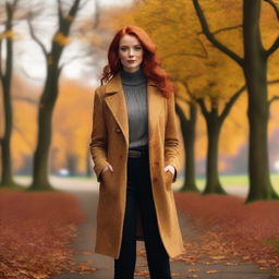 A tall woman with red hair, styled in a mature and sophisticated way, standing in an autumn setting