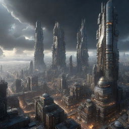 An expansive city conceptualized in a Jupiterpunk style, with colossal, gaseous-aura buildings, orbiting infrastructures, iconic swirling storm designs and extreme weather elements