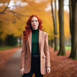 A tall woman with red hair, styled in a mature and sophisticated way, standing in an autumn setting