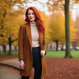 A tall woman with red hair, styled in a mature and sophisticated way, standing in an autumn setting