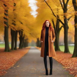 A tall woman with red hair, styled in a mature and sophisticated way, standing in an autumn setting