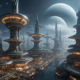 A sprawling saturnpunk-style city, with towering structures inspired by Saturn's icy rings, radiant hexagonal storm designs, floating infrastructures and a vibrant mix of other-worldly lights