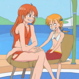 A playful and humorous illustration of Nami from One Piece sitting on Luffy as if he were a chair