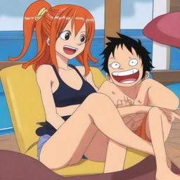 A playful and humorous illustration of Nami from One Piece sitting on Luffy as if he were a chair