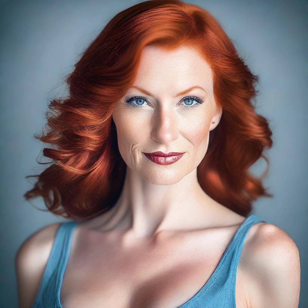 A tall, mature woman with striking red hair and blue eyes