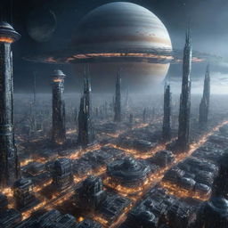 A sprawling saturnpunk-style city, with towering structures inspired by Saturn's icy rings, radiant hexagonal storm designs, floating infrastructures and a vibrant mix of other-worldly lights