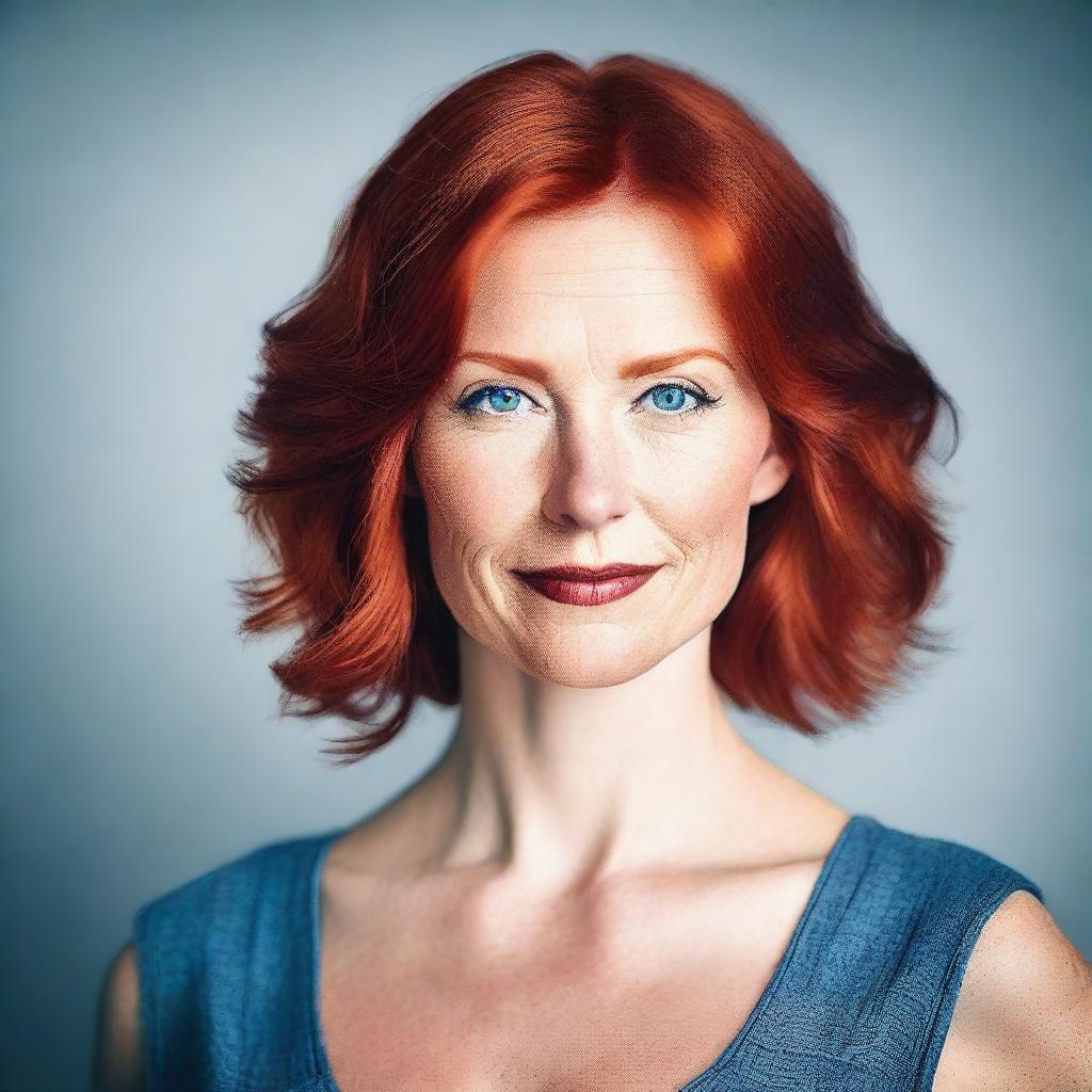 A tall, mature woman with striking red hair and blue eyes