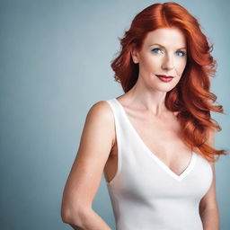 A tall, mature woman with striking red hair and blue eyes