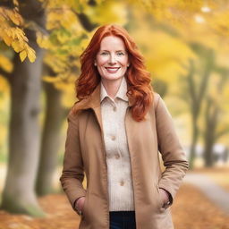 A mature, attractive redheaded woman enjoying an autumn day