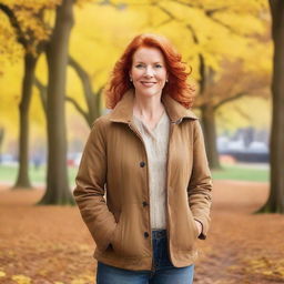 A mature, attractive redheaded woman enjoying an autumn day