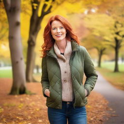 A mature, attractive redheaded woman enjoying an autumn day