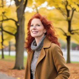 A mature, attractive redheaded woman enjoying an autumn day