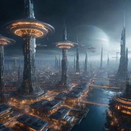 A sprawling saturnpunk-style city, with towering structures inspired by Saturn's icy rings, radiant hexagonal storm designs, floating infrastructures and a vibrant mix of other-worldly lights