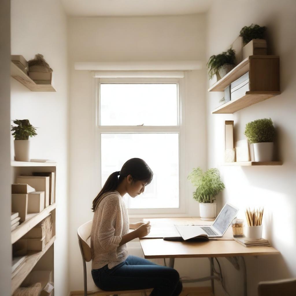 Una chica estudiando en una habitación tranquila