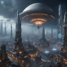 A sprawling saturnpunk-style city, with towering structures inspired by Saturn's icy rings, radiant hexagonal storm designs, floating infrastructures and a vibrant mix of other-worldly lights