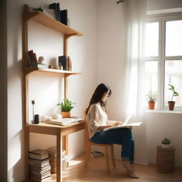 Una chica estudiando en una habitación tranquila