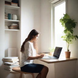 Una chica estudiando en una habitación tranquila