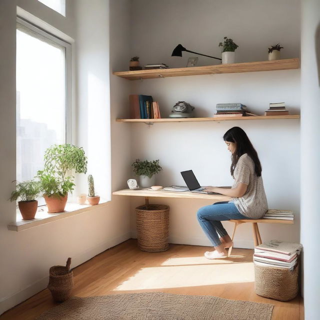 Una chica estudiando en una habitación tranquila