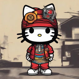 Create an image of Hello Kitty dressed in a mix of ghetto and Native American attire, looking directly at the viewer with a defiant expression and showing her middle finger