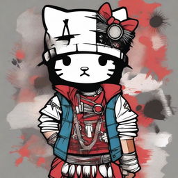 Create an image of Hello Kitty dressed in a mix of ghetto and Native American attire, looking directly at the viewer with a defiant expression and showing her middle finger