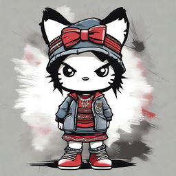 Create an image of Hello Kitty dressed in a mix of ghetto and Native American attire, looking directly at the viewer with a defiant expression and showing her middle finger